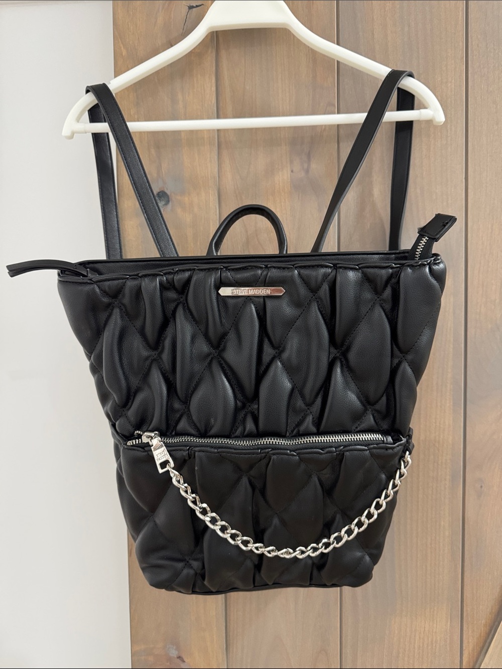 Steve Madden Quilted Black Backpack with Silver Chain